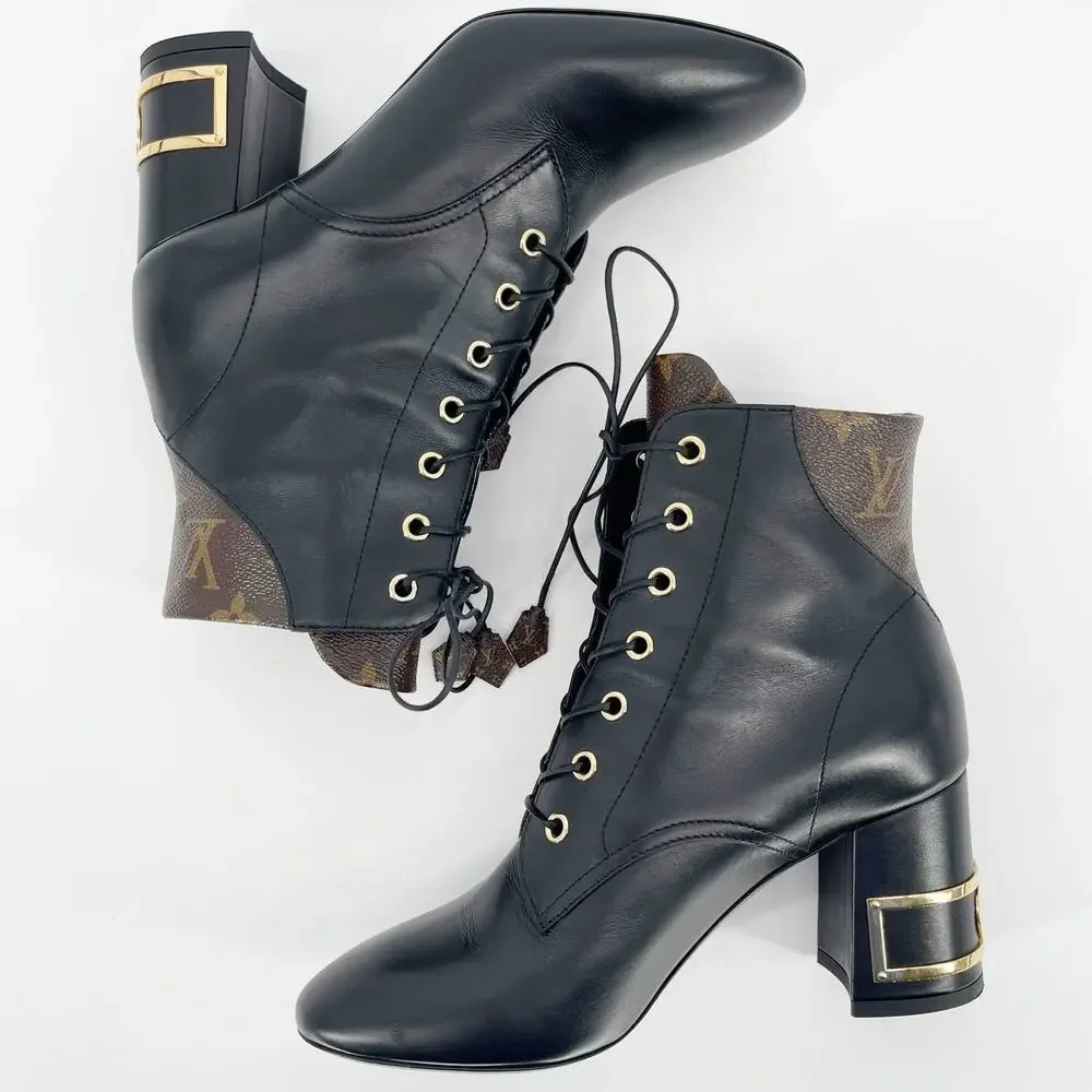 Louis Vuitton 2020 Bliss Black Leather Monogram LV Canvas Ankle Boots EU 37.5 - Picture 6 of 15